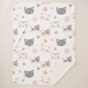 Cute cat faces smiling cats pattern sherpa blanket