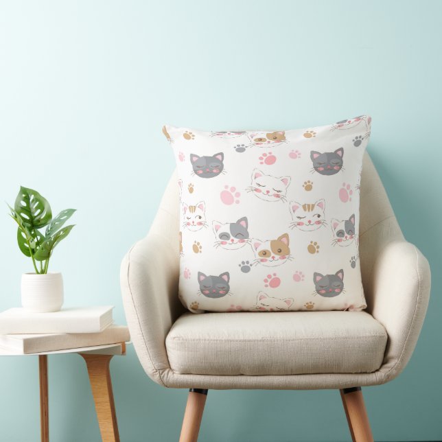 Cute cat faces smiling cats pattern throw pillow (Chair)