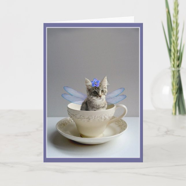 Cute Cat Fairy dans Teacup saluez ou carte de note (Devant)