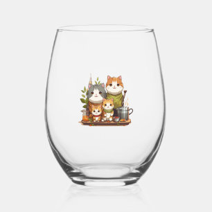 Cute cat family   stemless wine glass