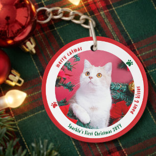 Cute Cat First Christmas Custom Pet Photo Keychain