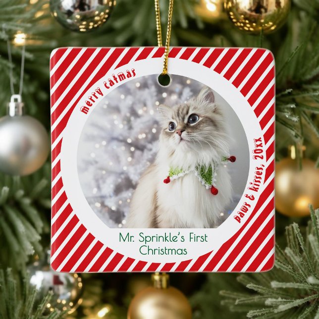 Cute Cat First Christmas  Keepsake Festive Photo Ceramic Ornament (Creator Uploaded)