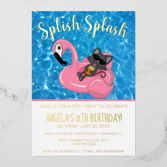 Cute Cat Flamingo Kids Birthday Pool Party (Front)