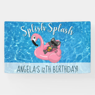Cute Cat Flamingo Kids Birthday Pool Party Banner