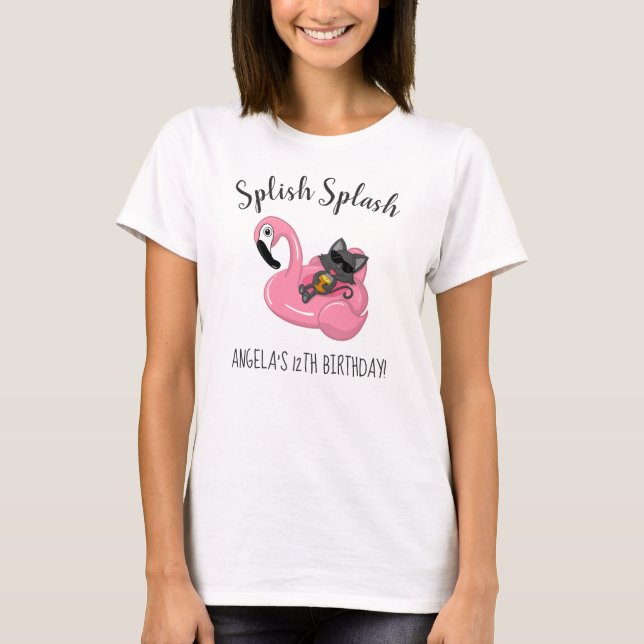 Cute Cat Flamingo Kids Birthday Pool Party T-Shirt (Front)
