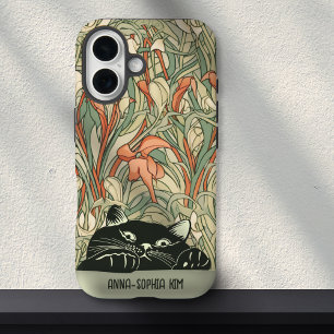 Cute Cat Floral Art Nouveau Green Red Custom Name iPhone 16 Case