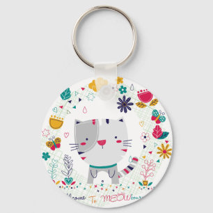 Cute Cat Floral Design Keychain