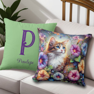 Cute Cat Floral Garden Custom Monogram Throw Pillow