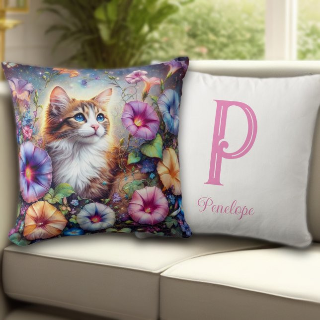 Cute Cat Floral Garden Custom Monogram Throw Pillow (Creator Uploaded)