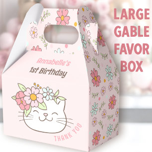 Cute Cat Floral Pink Girl 1st Birthday Large Favor Box