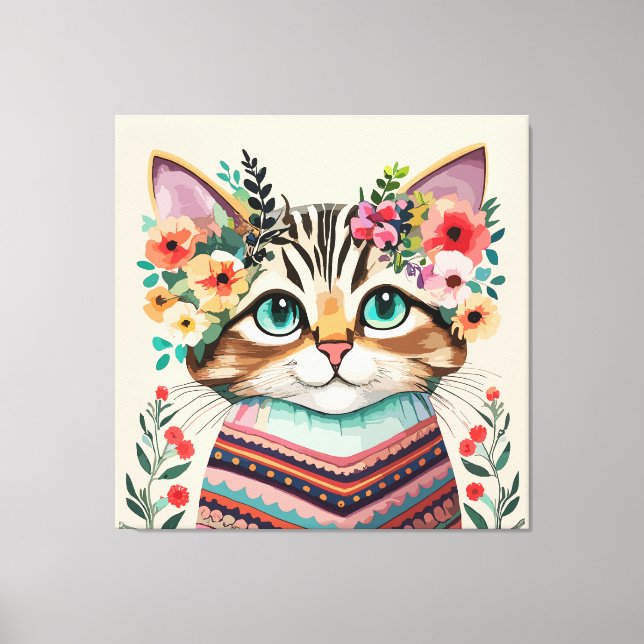 Cute Cat Floral Watercolor  Canvas Print (Front)