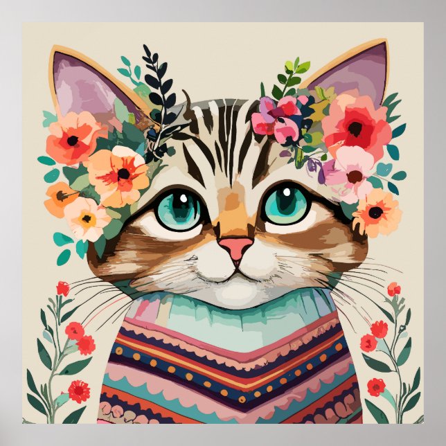Cute Cat Floral Watercolor  Poster (Front)