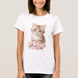 Cute Cat Floral Whimsical Feline Blossoms  T-Shirt