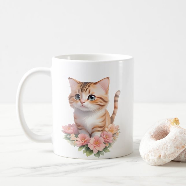 Cute Cat Floral Whimsical Feline  Coffee Mug (With Donut)