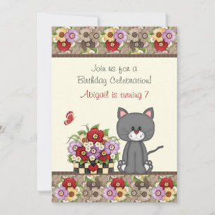 Cute Cat, Flowers and Butterflies Birthday Invite