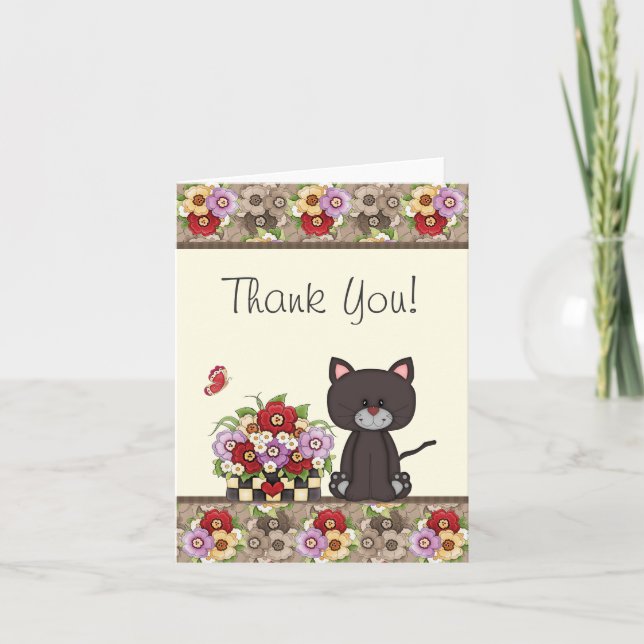Cute Cat, Flowers and Butterfly Thank You Card (Front)