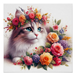 Cute cat flowers painting poster
