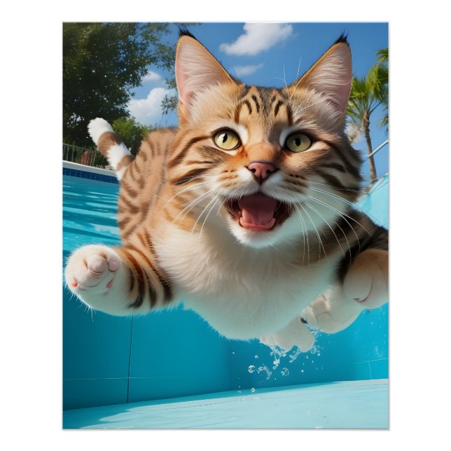 Cute Cat Flying Swimming Diving in Pool Funny Poster (Front)