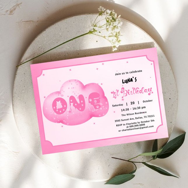 Cute Cat Font Watercolor Pink Cloud 1st Birthday Invitation (Creator Uploaded)