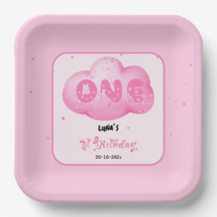 Cute Cat Font Watercolor Pink Cloud 1st Birthday Paper Plate