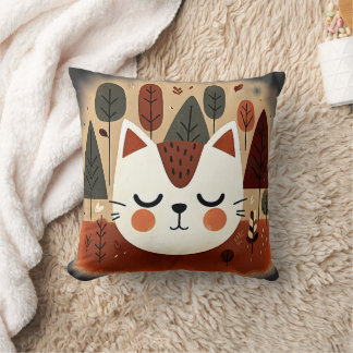 Cute Cat Forest Autumn Woodland Sleeping Kitty Throw Pillow