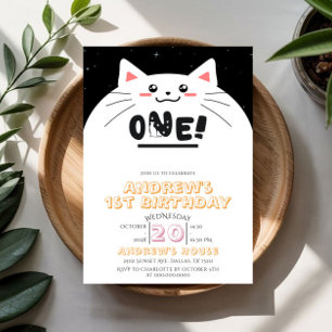 Cute Cat Frame Sparkling Stars 1st Birthday Invitation