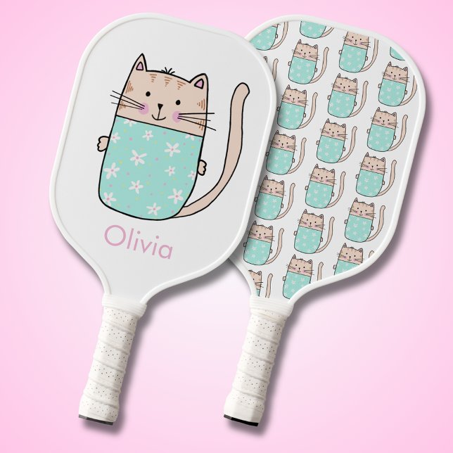 Cute Cat Fun Pickleball Paddle (Cute illustrated floral cat pickleball paddle. Pattern to reverse. Large cat motif & name to front,)
