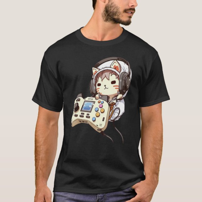 Cute  cat Funny gaming headset controller Gamer Ki T-Shirt (Front)
