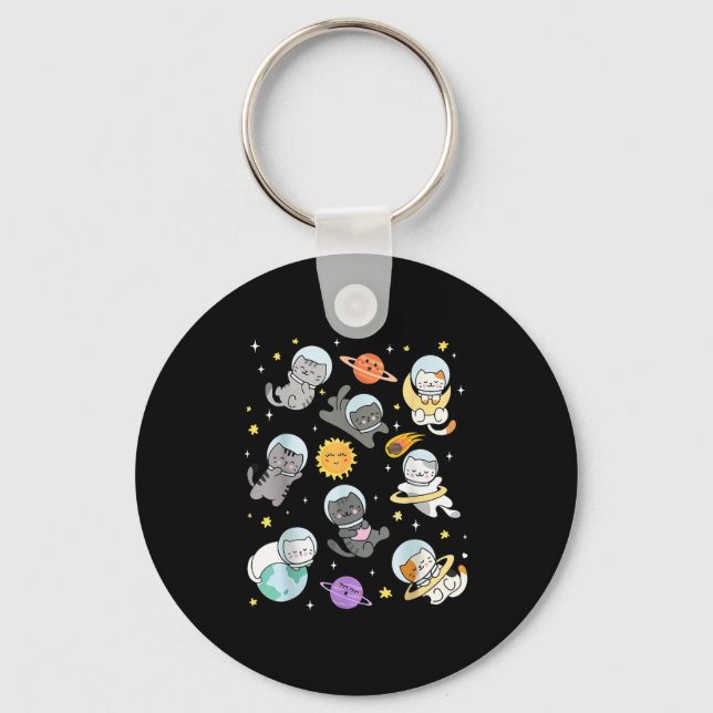 Cute Cat Funny Space Astronaut Planet Cat Women Me Keychain (Front)