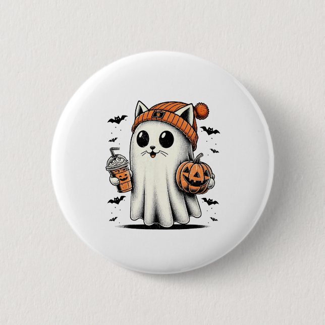 Cute Cat Ghost Iced Coffee Funny Ghost Halloween I 2 Inch Round Button (Front)
