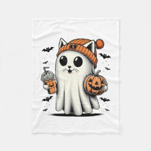 Cute Cat Ghost Iced Coffee Funny Ghost Halloween I Fleece Blanket