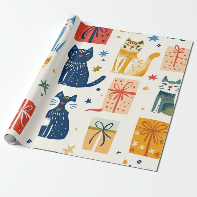 Cute Cat Gift Wrapping Paper – Festive Feline  (Unrolled)