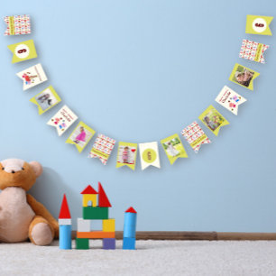 Cute Cat & Gifts Birthday Custom Photo Green Bunting Flags