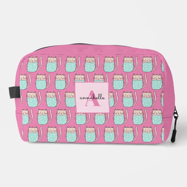 Cute cat girls pink monogram dopp kit (Front)