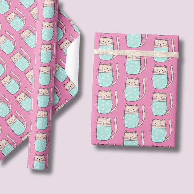 Cute cat girls pink  wrapping paper (Floral cute kitty cat pink wrapping paper rolls.  Matching items available.)