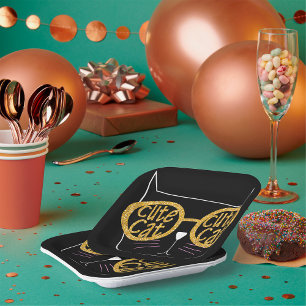 Cute Cat Glasses Graphic Gold Glitter Kitty Face Paper Plate