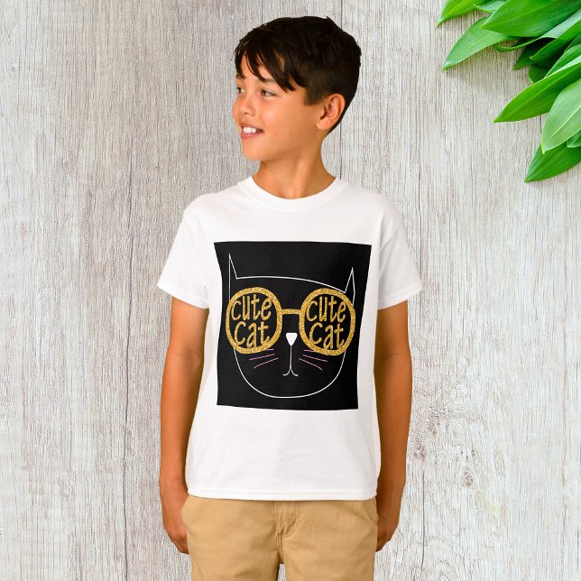 Cute Cat Glasses Graphic Gold Glitter Kitty Face  T-Shirt (Creator Uploaded)