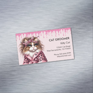 Cute Cat Groomer Sitter Pink Glitter Dripping Magnetic Business Card