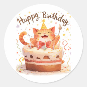 Cute Cat Happy Birthday Classic Round Sticker