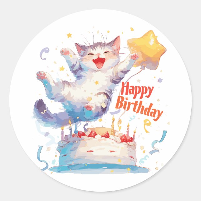 Cute Cat Happy Birthday Classic Round Sticker (Front)