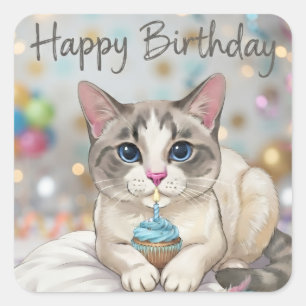 Cute Cat Happy Birthday Cupcake Blue Tone Square Sticker