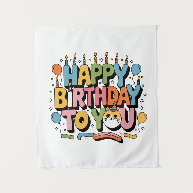 Cute Cat Happy Birthday Tapestry (Front)