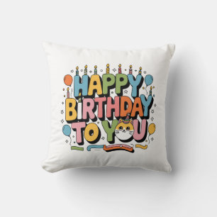 Cute Cat Happy Birthday Throw Pillow