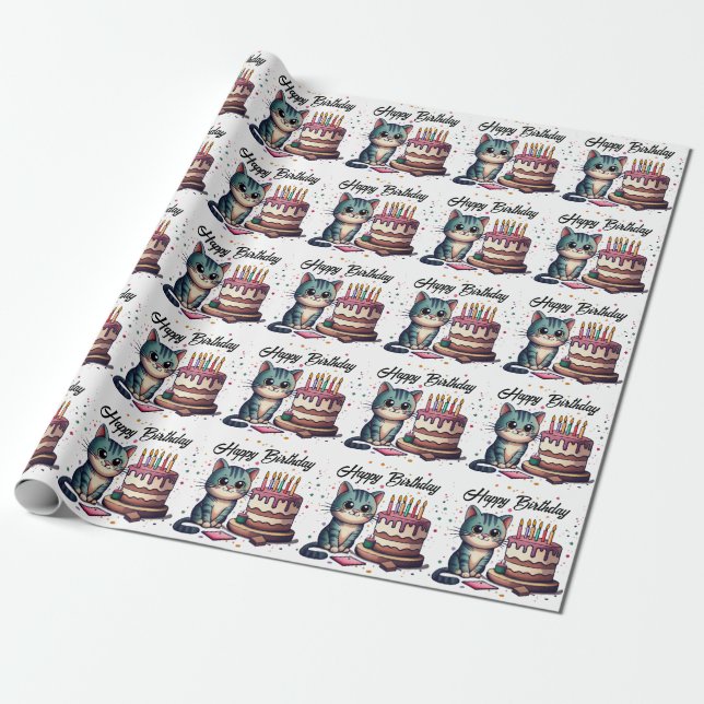 Cute Cat Happy Birthday Wrapping Paper (Unrolled)