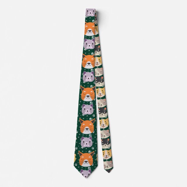 Cute Cat heads 01.DGreen BG Tie (Front)