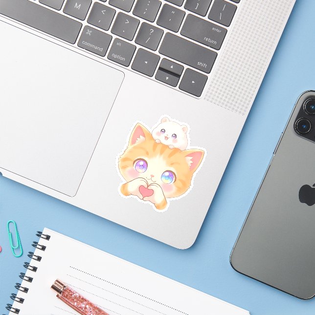 Cute Cat Heart Hands with Hamster on Head Sticker (Laptop w/ iPhone)