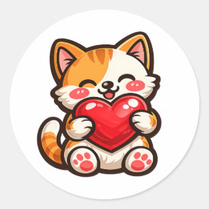 Cute Cat Heart – Kawaii Cat Hugging Red Heart, Cut Classic Round Sticker