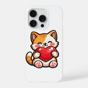 Cute Cat Heart – Kawaii Cat Hugging Red Heart, Cut iPhone 15 Pro Case