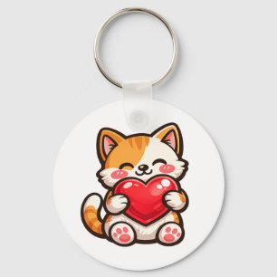 Cute Cat Heart – Kawaii Cat Hugging Red Heart, Cut Keychain