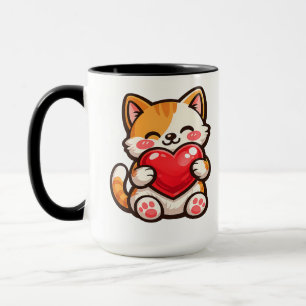 Cute Cat Heart – Kawaii Cat Hugging Red Heart, Cut Mug